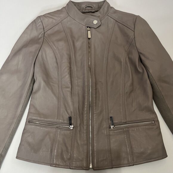 MICHAEL KORS PEARL GRAY LDS LEATHER JACKET MINT POCKET FULL ZIP SIZE Small - Picture 2 of 16